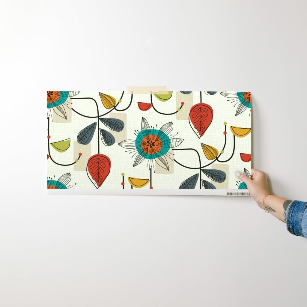 Peel & Stick Wallpaper Swatch - 1950 Mid Century Modern, Retro, Vintage, Classy, Floral,Cream, Blue, Red, Block, Geometric, Custom Removable Wallpaper by Spoonflower