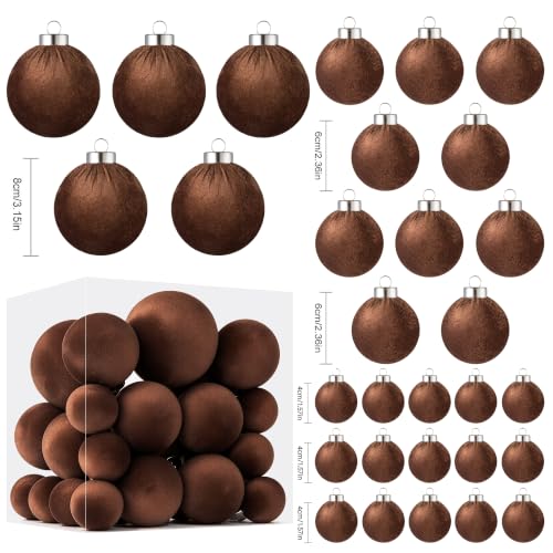 Velvet Christmas Ball Ornaments - 30pcs Flocked Christmas Ornaments Set Shatterproof Classic Hanging Xmas Tree Decorations with Rope for Wreath Holiday Home Decor (Brown) - image 2