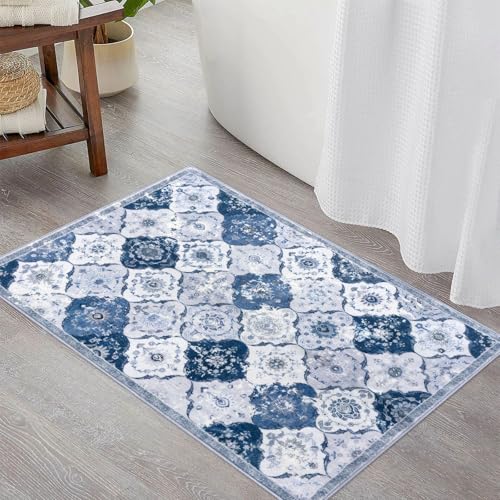 KILOCOCO 2x3 Small Area Rug, Moroccan Super Soft Entryway Rugs Indoor Vintage Washable Rug Non-Slip Indoor Door Mat, Accent Print Faux Wool Throw Rug for Kitchen Bedroom Entrance, Blue/Grey/Multi