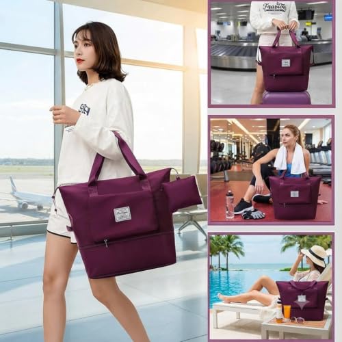 Image of Women's 41 L Expandable Travel Duffle Bag, Nylon Foldable Luggage Hand Bag with Carry Handles, Shoulder Strap and Front Pocket for Trips, Weekend Travel, Airport and Overnight Use