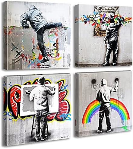 DJSYLIFE Banksy Street Graffiti Art Wall Decor Pop Art Colorful Paintings Canvas Prints Modern Artwork for Living Room Bedroom Office 12" W x 12" H x 4 Panel Stretched and Framed Ready to Hang