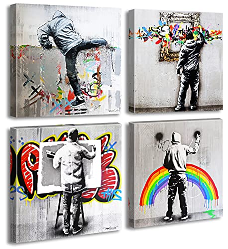 Djsylife Banksy Street Graffiti Art Wall Decor Pop Art Colorful Paintings Canvas Prints Modern Artwork For Living Room Bedroom Office 12" W X 12" H X 4 Panel Stretched And Framed Ready To Hang #TOP14