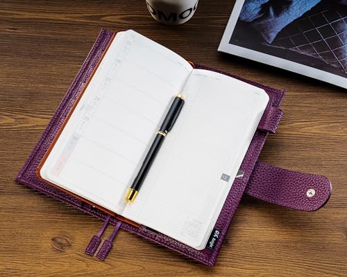 Image of Genuine Leather Planner Cover for Hobonichi Weeks /Weeks Mega with Pen Loop, Card Slots, Back Pocket, and Bookmarks (Purple)