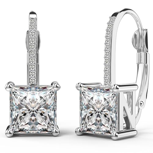 18K White Gold Plated Princess Cut Cubic Zirconia Drop Leverback Earrings Sterling Silver Square Simulated Diamond CZ Dangle Earrings for Women Hypoallergenic