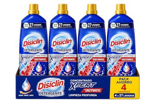 Disiclin Detergente Líquido Concentrado XPERT Enzymatic Pack de 4 | 27 Lavados por Botella | Limpieza Profunda para Ropa Blanca y de Color | Detergente Enzimático Concentrado