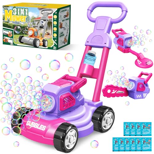 Tondeuse à Bulles pour Enfants, Machine à Bulles 3-en-1 avec 10 Packs de Solution, Jouet d'Extérieur pour Tout-petits de 3 à 8 Ans, Cadeau d'Anniversaire, Pâques et Été pour Garçons et Filles