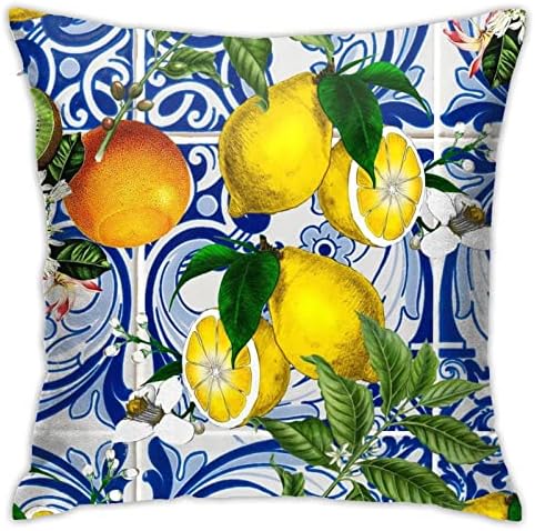 Akame Mediterranean Lemon On Blue Ceramic Tiles Throw Pillow Cover Cozy Square Throw Pillowcases Home Decorative for Bed Couch Sofa Living Room Cushion Cover 18'X18', One Size