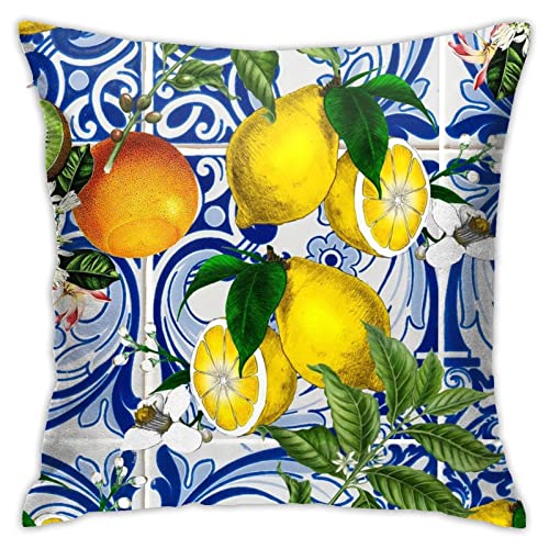 Akame Mediterranean Lemon On Blue Ceramic Tiles Throw Pillow Cover Cozy Square Throw Pillowcases Home Decorative For Bed Couch Sofa Living Room Cushion Cover 18'X18', One Size #TOP2