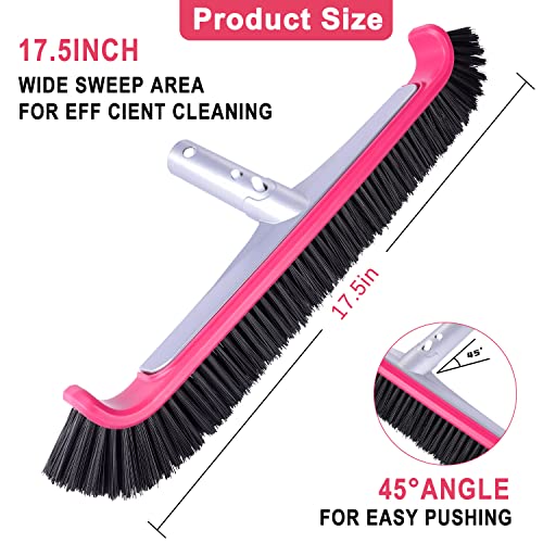 Professional Luxury Swimming Pool Wall & Tile Brush ,17.5" Curved Edge Heavy Duty Polished Aluminum Back Head Designed For Cleans Walls, Tiles & Floors, Premium Nylon Bristles With Ez Clips (Ruby Red) #TOP1