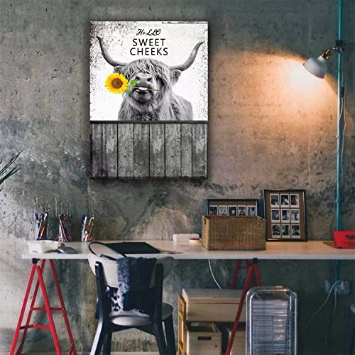 Highland Cow Wall Art, Cow Pictures Wall Decor, Black And White Rustic Highland Cow With Sunflower Pictures For Wall Decor, 12X16 Inch Framed Ready To Hang, Farmhouse Highland Cow Canvas Wall Art Decor Poster For Bathroom Living Room Bedroom Wall Art Decor #TOP3
