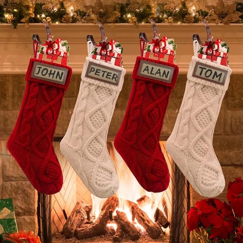 AlaTyche Christmas Stockings Set of 4,Large 46cm Knitted Personalized Xmas Stockings,Fireplace Hanging Stockings for Family Holiday Christmas Party Decor (Burgundy Red and White)