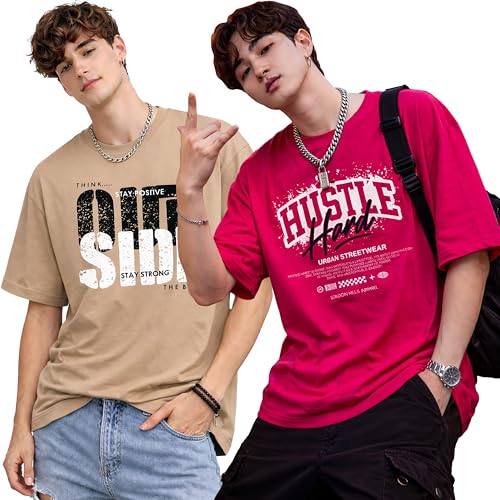 Image of London Hills Printed Cotton Blend Half Sleeve Oversized Men Round Neck Tshirts | T Shirt for Man | Tshirt | Shirts Men | Tshirt for Man | T-Shirt | Pack of 2