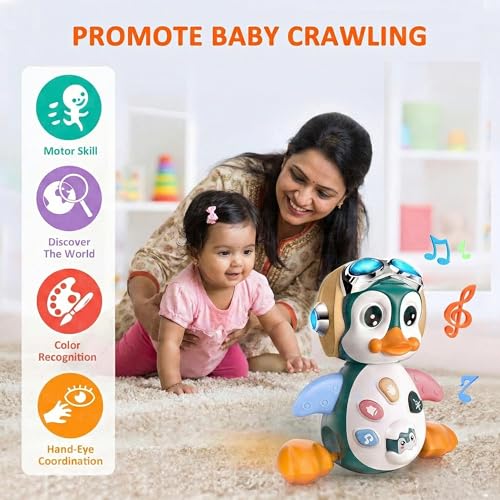 Image of Kidology Crawling Penguin Baby Toy with LED Lights | Interactive Musical Kids Toy for Early Learning & Entertainment | Perfect Christmas and Birthday Gift for Toddlers & Infants (Cream)