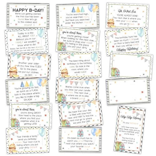 Birthday Treasure Hunt Clue Cards, Cake Scavenger Hunt Game, Set of 17 Cards and 16 Envelopes, Indoor Ourdoor Birthday Party Activities Celebration Game, Birthday Party Decorations - SR6