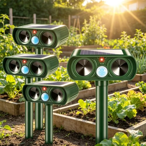 4 Pack Upgraded Sonic Fortress Pro Deer Repellent Devices Solar Animal Repellent Ultrasonic Outdoor for Cats Squirrels Rabbits Racoons Skunks for Garden Yard Waterproof Motion Sensor Animal Deterrent