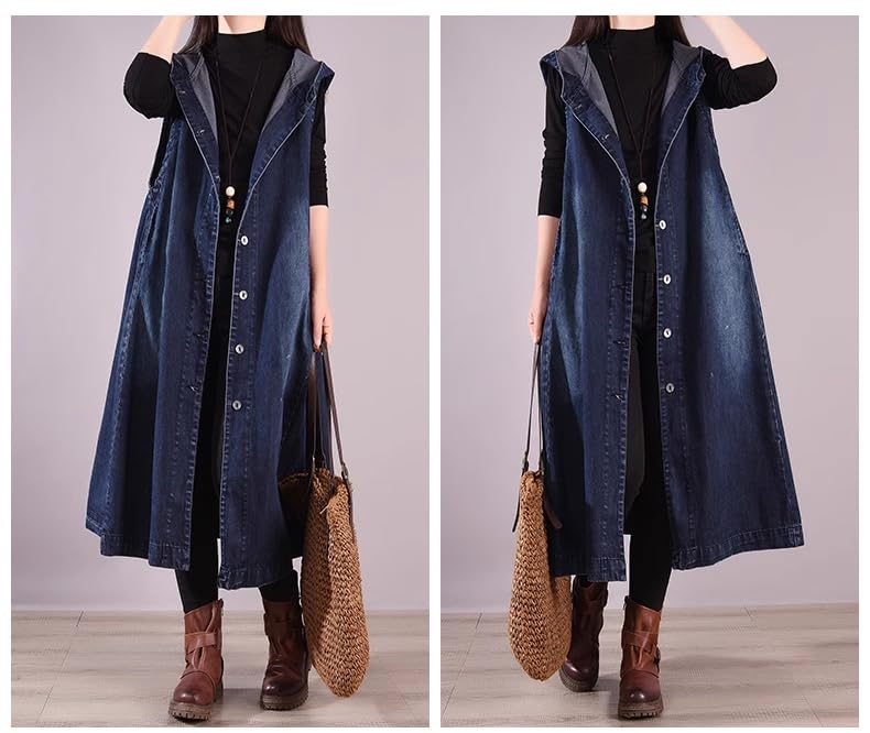 Long Denim Vest for Women Sleeveless Jeans Jacket Hooded with Pockets Wide Hem Loose Casual4