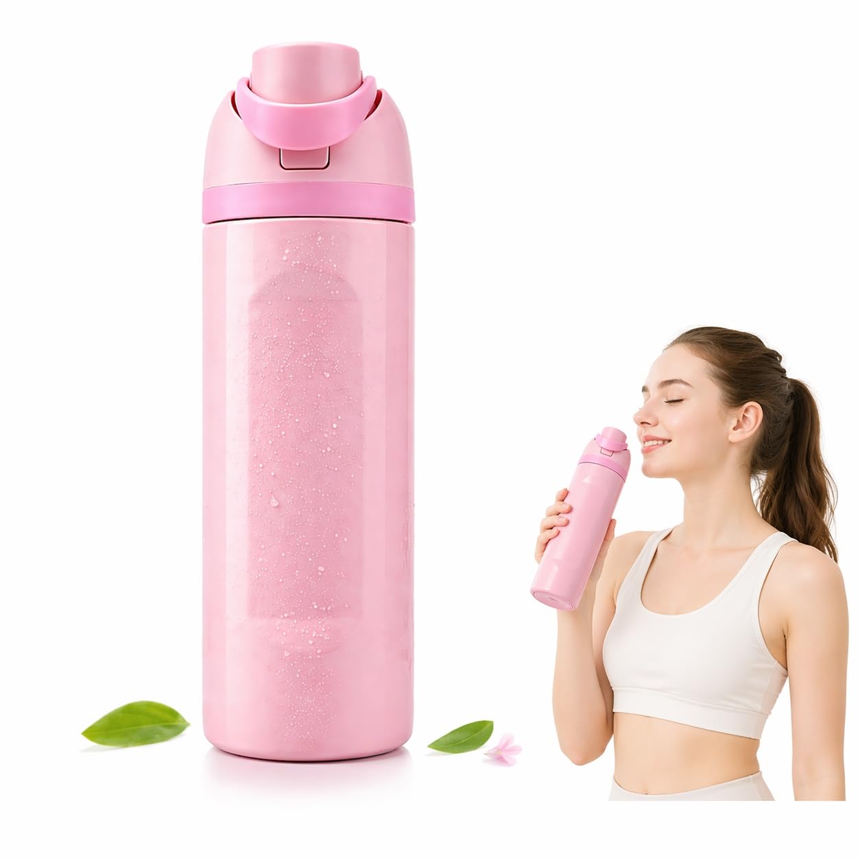 Insulated Water Bottle with Flip Lid, Leakproof Stainless Steel Vacuum Travel Bottle, Reusable Hot & Cold Sports Drink Bottle (Pink)