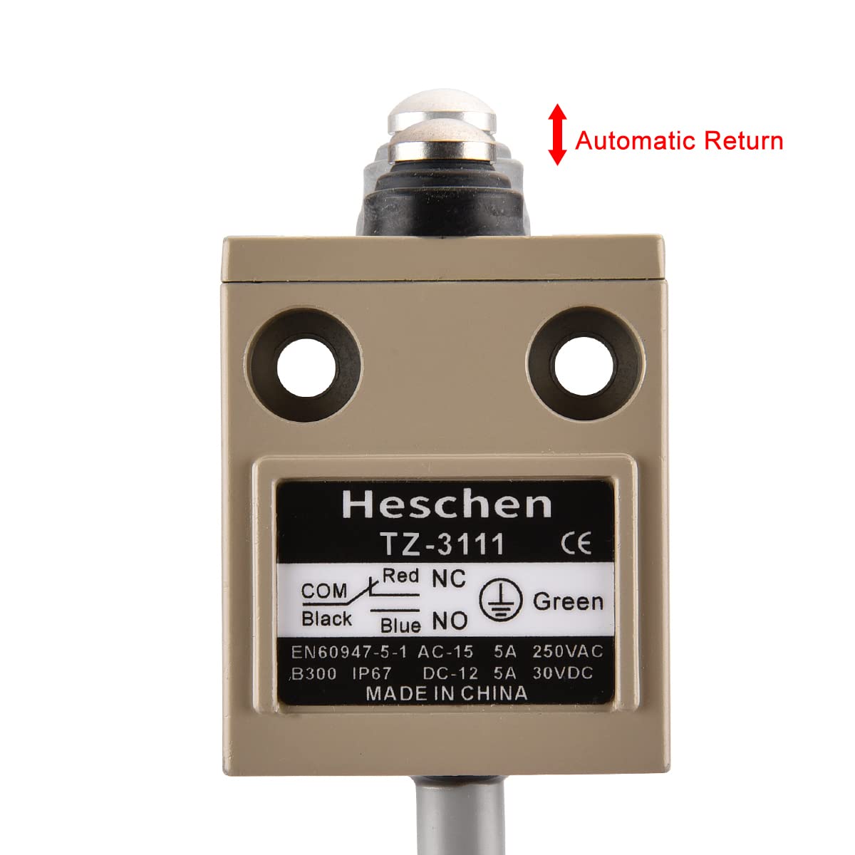 Heschen Commutateur de fin de course pré-câblé compact TZ-3111 avec piston étanche SPDT NO + NC momentané AC 250 V 5 A IP67 étanche