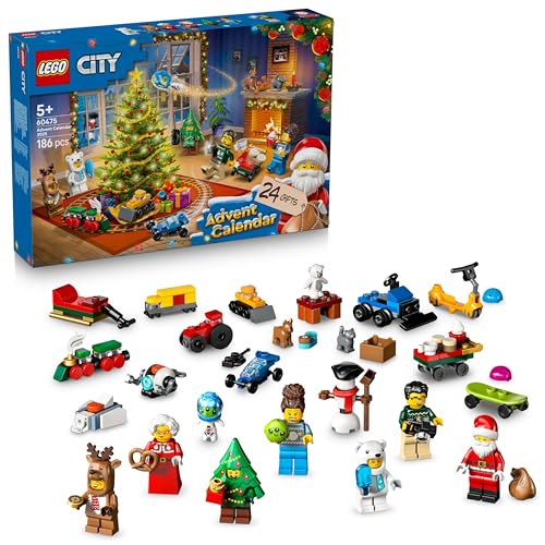 LEGO City Calendario de Adviento 2025 para Niños y Niñas de 5+ Años - Cuenta Atrás de Navidad con 24 Sorpresas Inc. Tren, Coche, Tractor de Juguete, Oso Polar y 7 Minifiguras - Regalo Navideño 60475