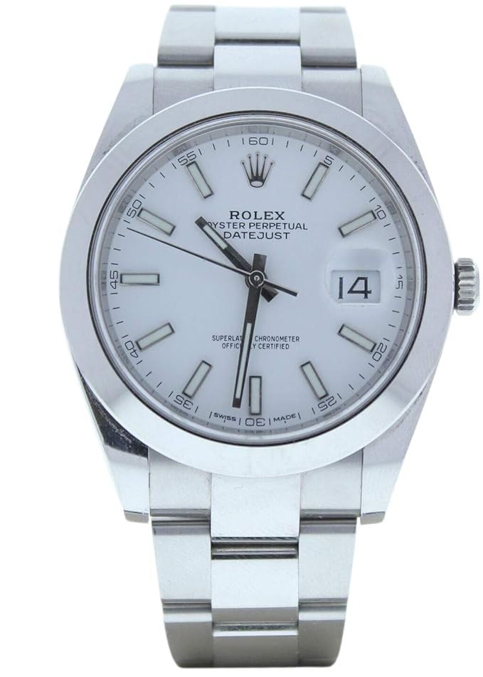 Rolex Mens 41mm Datejust Model 126300 Oyster Band White Index Dial & Smooth Bezel (Certified Preowned)