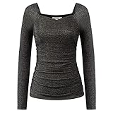 GRACE KARIN Damen Elegant Langarm Wickeln Bluse Herzausschnitt Falten Oberteile Strech Hemd, Farbe: Schwarz, Size: L