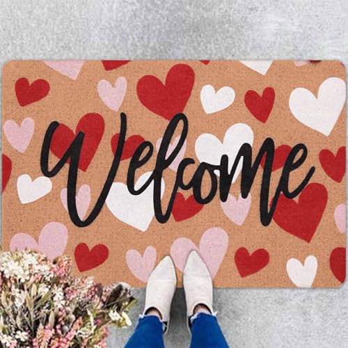 InterestPrint Valentines Day Doormat for Front Door Heart Envelope Welcome Doormat Floor Mat Entrance Door Rugs with Non Slip Rubber Backing for Indoor Outdoor Home Bathroom Decor 16 x 24 Inch