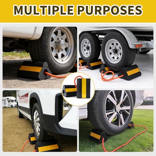 Florety Wheel Chocks for RV Trailer 2 Pair /4pack with Rope & Reflective Strips Rubber Wheel Chocks Heavy Duty Tire Stopper for Camper, Truck, Car, Travel Trailer