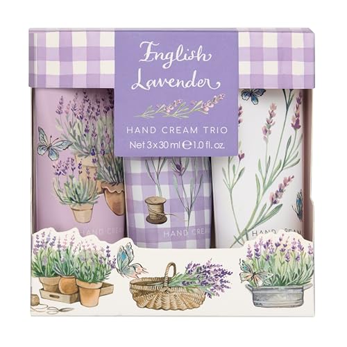 Heathcote & Ivory Hand Cream Trio 3x 30ml Lavender Scented Shea Butter Argan Oil Moisturiser Leaving Skin Soft Beauty Gift For Her Travel and Handbag Size Vegan and Cruelty Friendly
