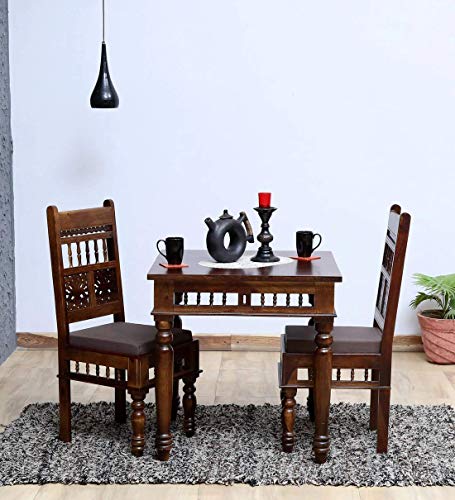 Image of Solid Sheesham Wood Square Dining Table 2 Seater | Two Seater Dinning Table with 2 Chairs for Home | Chairs with Cushion | Dining Room Sets for Restaurants, 2 Seater Dining | Brown Finish