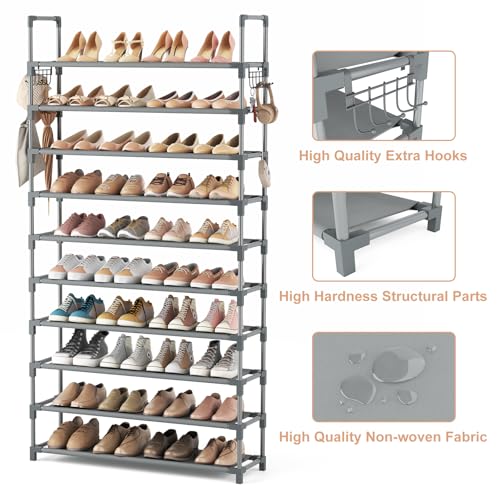 VTRIN 10 Tiers Shoe Rack Tall Large Capacity Wide Shoe Organizer Sturdy Shoe Shelf for Entryway with Two Hooks Metal Shoe Storage for Closet, Bedroom, Grey