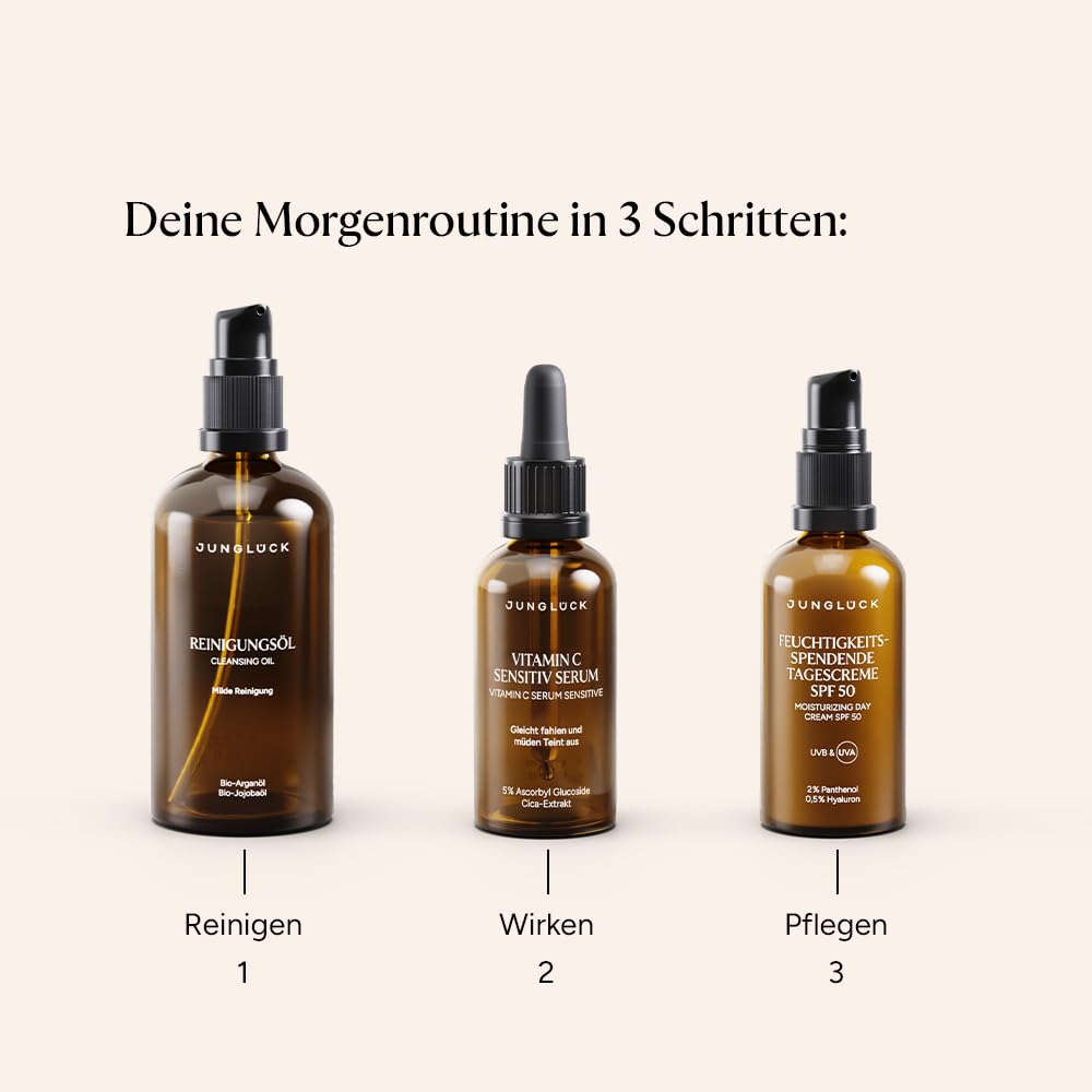 JUNGLÜCK Set Fahlen Teint ausgleichen SPF 50 | Reinigungsöl + Vitamin C Sensitiv Serum + Feuchtigkeitsspendende Tagescreme SPF 50 – Glow & UV-Schutz