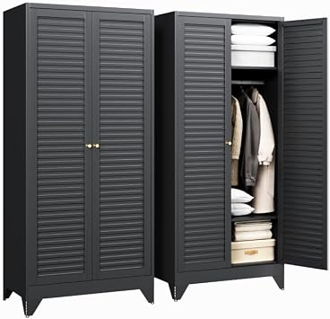 Letaya Armoire Wardrobe Closet,20" Deep Metal Wardrobe Cabinet with Doors and Shelves,Hanging Rod Clothing Storage Cabinets for Home RoomBlack