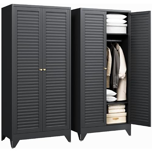 Letaya Armoire Wardrobe Closet,20" Deep Metal Wardrobe Cabinet with Doors and Shelves,Hanging Rod Clothing Storage Cabinets for Home RoomBlack