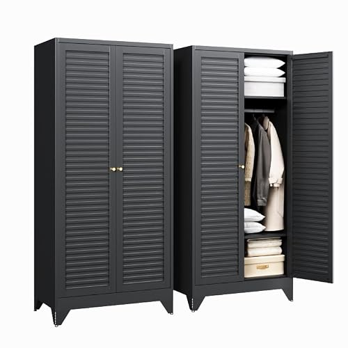 Letaya Armoire Wardrobe Closet,20" Deep Metal Wardrobe Cabinet with Doors and Shelves,Hanging Rod Clothing Storage Cabinets for Home RoomBlack