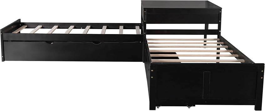 CITYLIGHT L-Shaped Platform Bed with Trundle and Drawers Linked with Built-in Desk, Wood Corner Bed with 3 Twin Beds for Kids Girls Boys Teens Bedroom,Espresso
