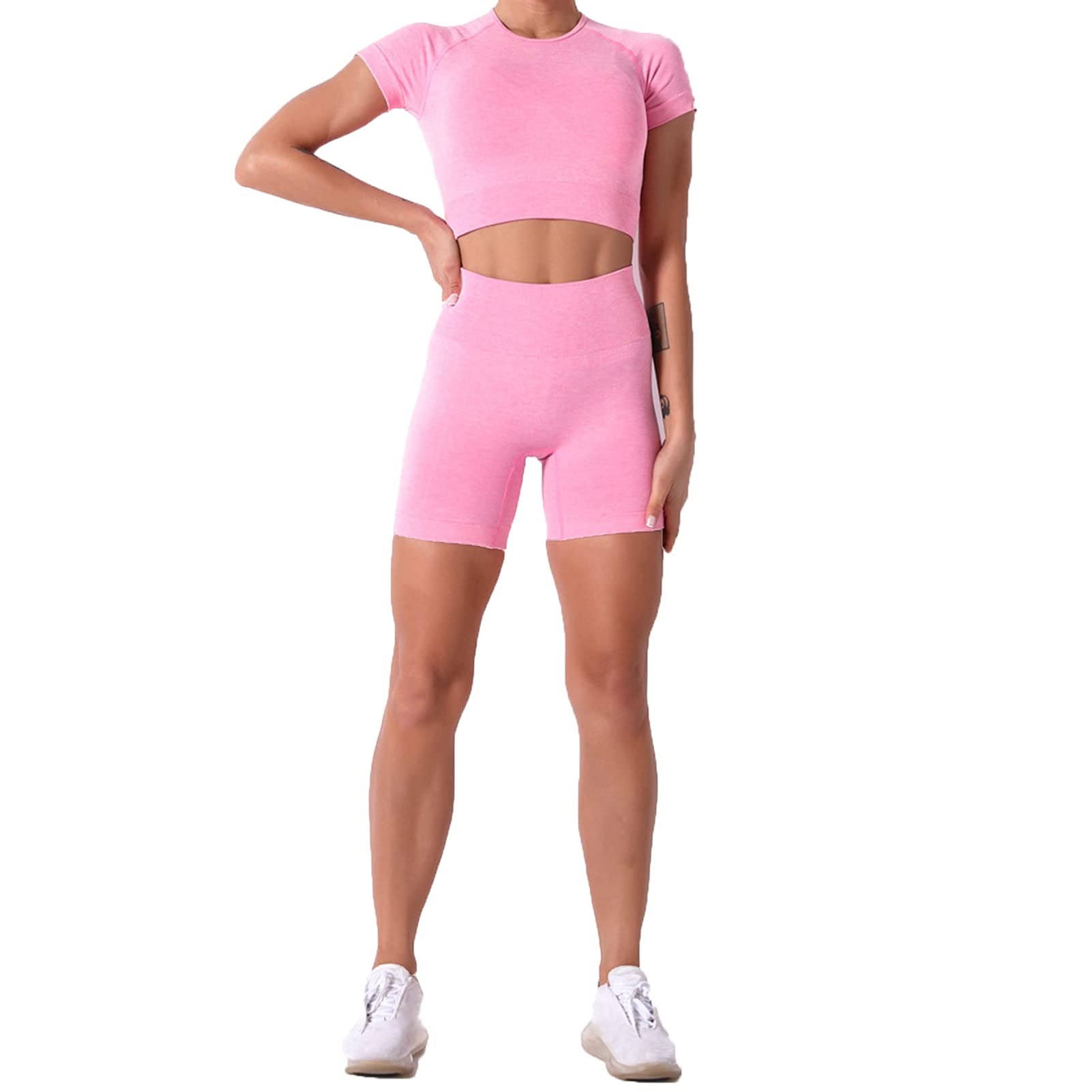 Conjunto de Ropa Fitness Deportiva para Mujer, Trajes de verano para mujer Trajes de 2 piezas Cuello redondo de manga corta Cultivo de manga corta Top altas Cintura inconsútil Yoga Shorts Leggings Ent