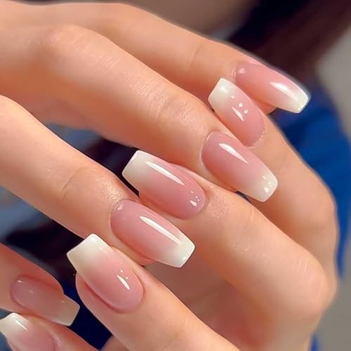 RikView Uñas francesas con punta de ataúd, uñas postizas medianas, uñas blancas brillantes para mujeres, 24 unidades por juego