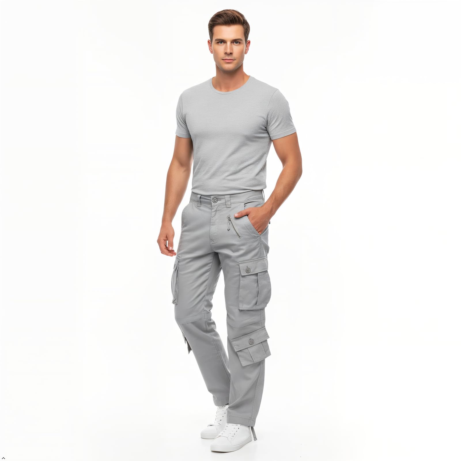 Aeslech Pantalones de combate de trabajo para hombre, 8 bolsillos, pantalones militares casuales al aire libre, Camuflaje Blanco