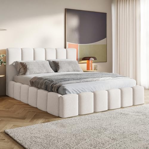 MOTIVENA Nunu Bubble Bett 180x200 Weiß Boucle, mit Stauraum, mit Kopfteil, mit Lattenrost, ohne Füße, ohne Matratze, Bubble Polsterbett 180x200 mit Bettkasten Weiß (Milch)