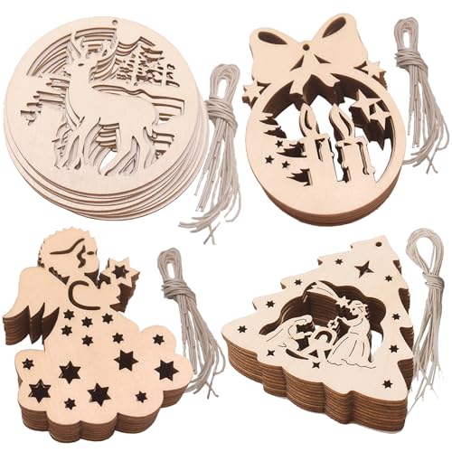 40 Stück Holzscheiben Weihnachtsbaumanhänger 4 Formen Holzschmuck...