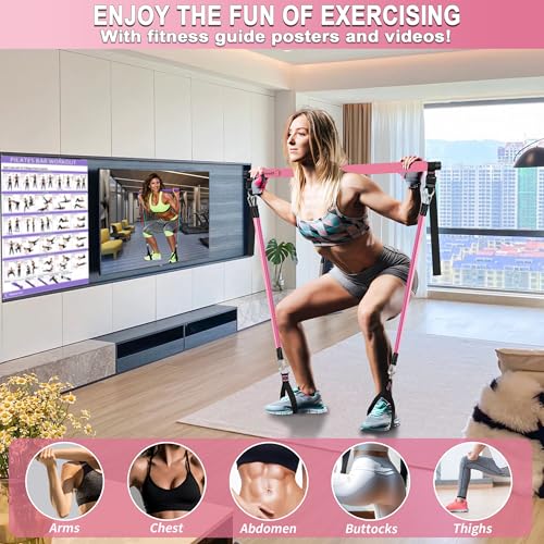 Image of Goocrun Portable Pilates Bar Kit with Resistance Bands for Men and Women - 3 Set Exercise Resistance Bands - Multifunctional Home Gym - Supports Full-Body Workouts - with Fitness Poster and Video