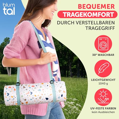 Blumtal Premium Picknickdecke wasserabweisend 200x200 cm Boho & TERRAZZO Design - waschbare Stranddecke 200x200 + weiche Zwischenfüllung - Campingdecke aus Oxford-Gewebe - Decke Terrazzo Kreise