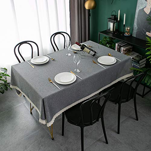 EHouseHome Faux Linen Tablecloth with Lace Trim - Waterproof/Spill Proof/Stain Resistant/Wrinkle Free/Oil Proof - for Banquet, Parties, Dinner,Kitchen,Wedding,Coffee,Holiday,Grey Rectangle 60x102Inch