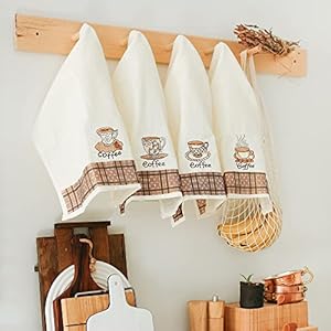 Lavien Home Cotton Kitchen Towels Set of 4 Decorative Dish Cloths Coffee Embroidered Coffee Tea Towels 16×24 inches