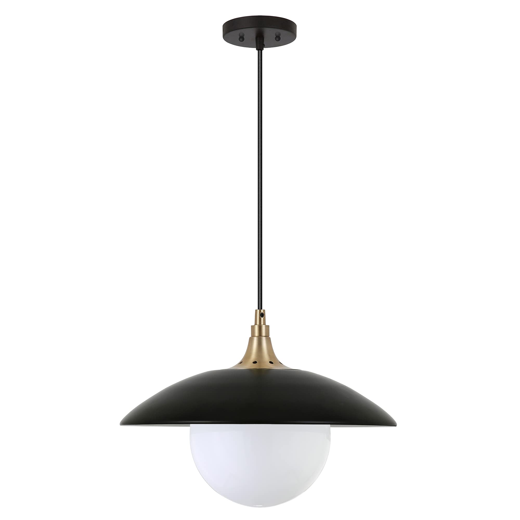 henn&hart 14.5" wide pendant with metal/glass shade in matte black/brass, for home, living room, bedroom, entertainment room, office, kitchen, dining