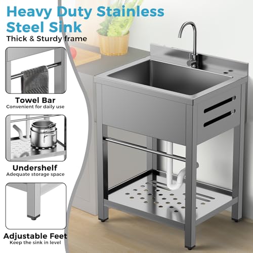 Image of Stainless Steel Utility Sink Freestanding Single Bowl Garage Sink 33 Inch