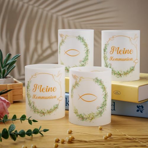 12 Windlicht Tischdeko Kommunion, Meine Kommunion Deko Junge Mädchen, Fisch um Eukalyptus Deko, Erstkommunion Deko Geeignet für Teelichter oder Kerzen