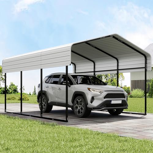 Image of Real Relax 10x15FT Heavy Duty Metal Carport, Outdoor Carport Canopy with Galvanized Steel Roof and Reinforced Base for All-Weather, Garage Shelter Shade for Trucks, Boats, Party, Cream White