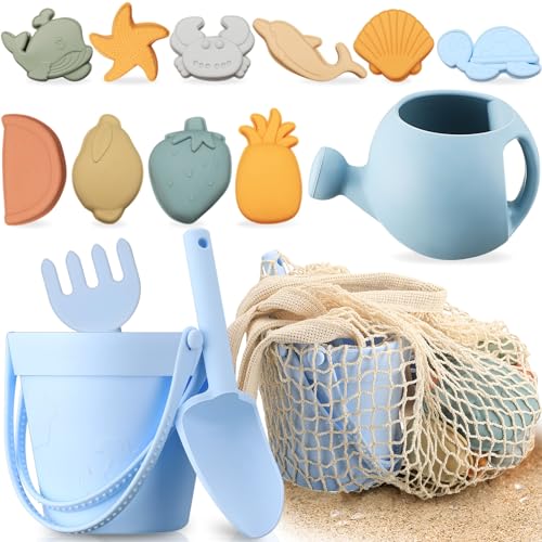 Civaner 15 Pcs Silicone Beach Toys Travel Friendly Beach Set Includes Shovel, Rake, Silicone Bucket,10 Sand Molds, Watering Can, Mesh Bag, Outdoor Baby Sand Travel Toys for Boys, Girls