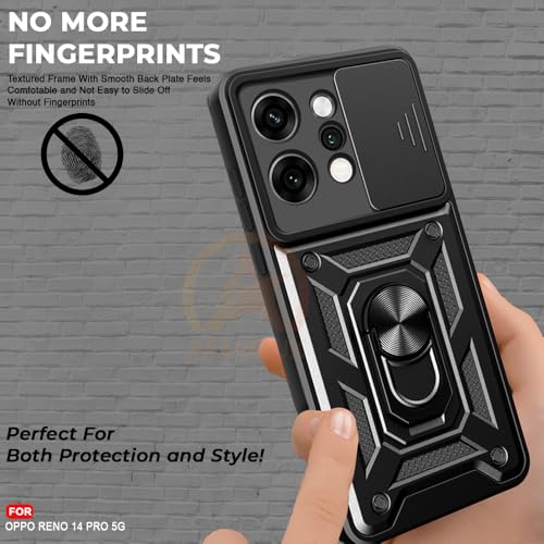 Image of Armor Bumper Back Cover Case for Oppo Reno 14 Pro 5G Rotating Camera Cover, Ring Holder & Kickstand | Heavy Duty & 360 Degree Protection Oppo Reno 14 Pro 5G Back Cover (Black)